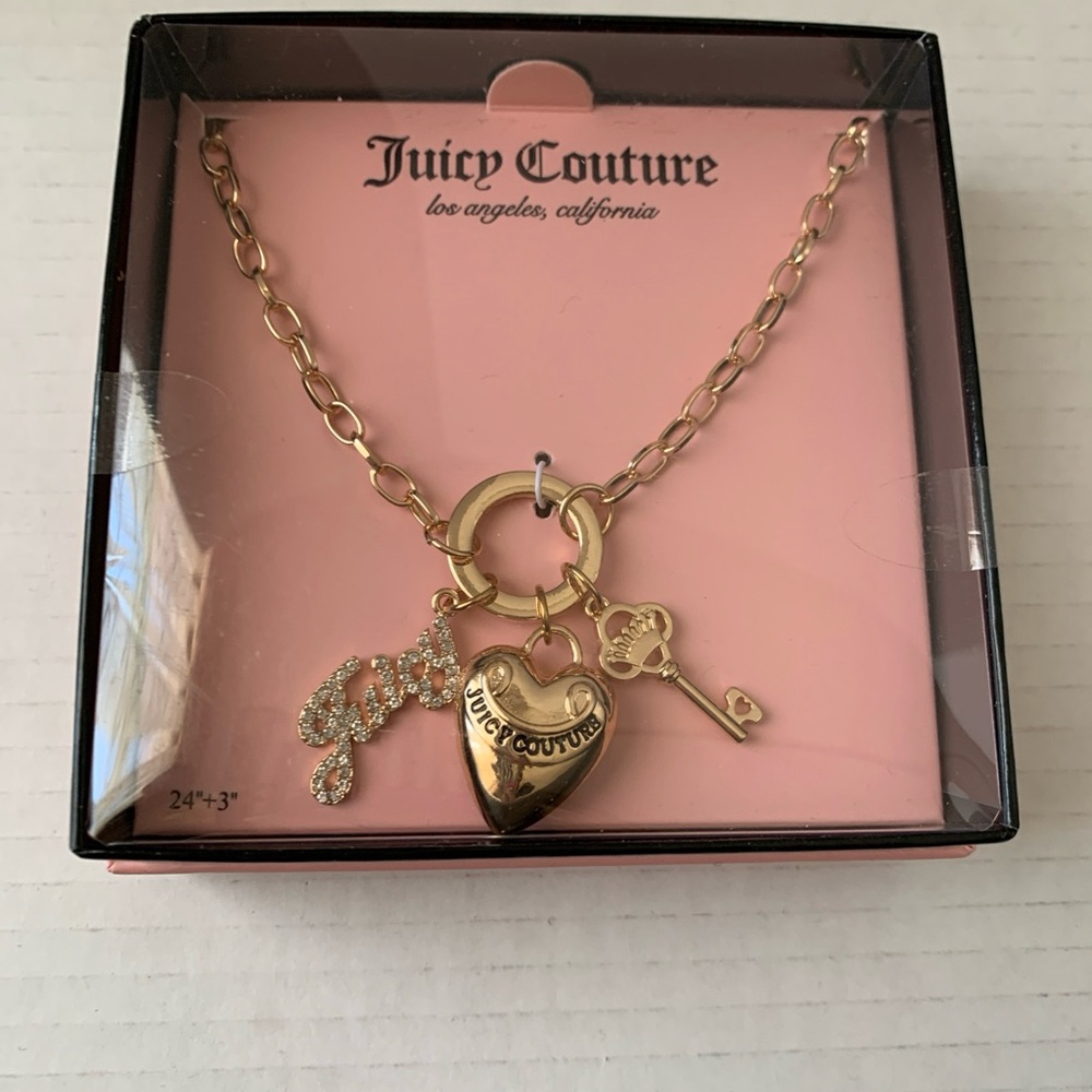 Juicy Couture Necklace Charm Puffer Heart Key & Juicy Rhinestones Logo Gold Tone